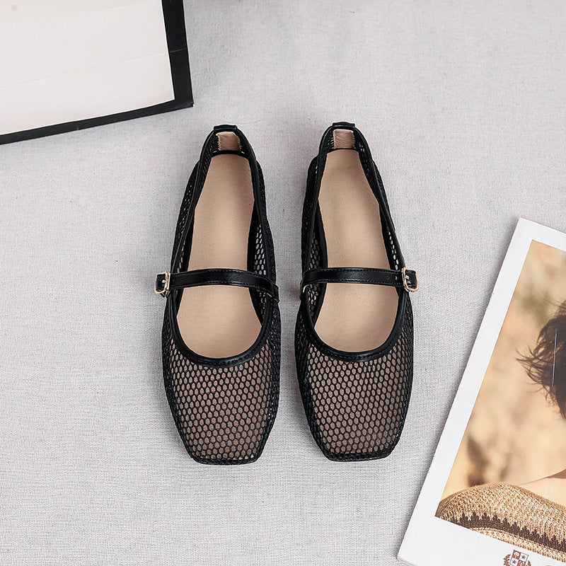 Mia | Mesh Mary Jane Flats – Square Toe with Buckle Strap
