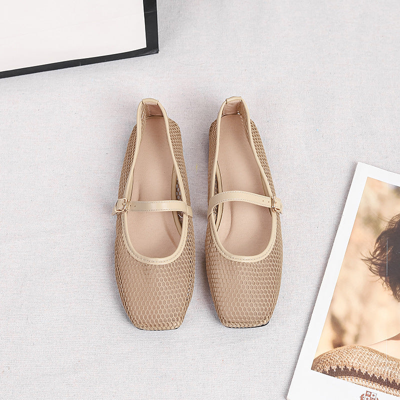 Mia | Mesh Mary Jane Flats – Square Toe with Buckle Strap