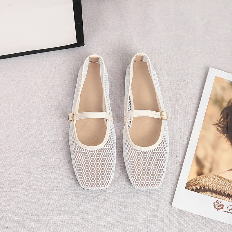 Mia | Mesh Mary Jane Flats – Square Toe with Buckle Strap