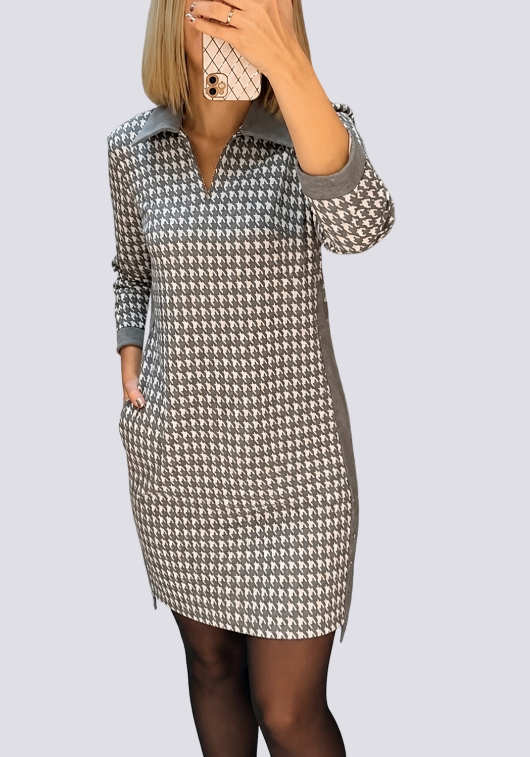 Vivienne | Mini Dress – Houndstooth with Zip Front