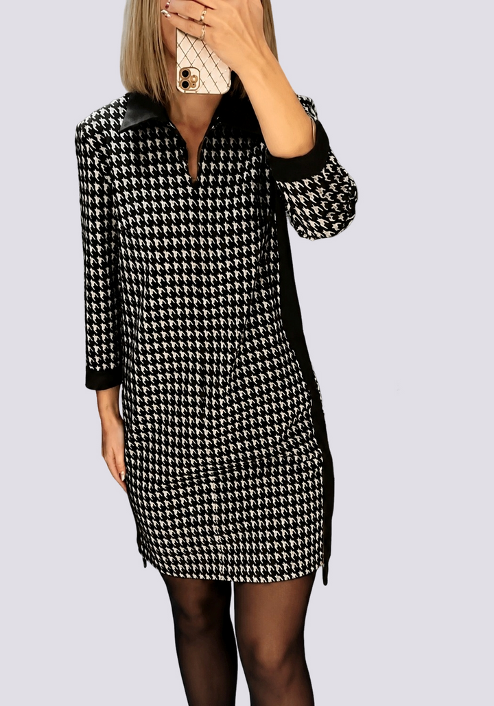 Vivienne | Mini Dress – Houndstooth with Zip Front