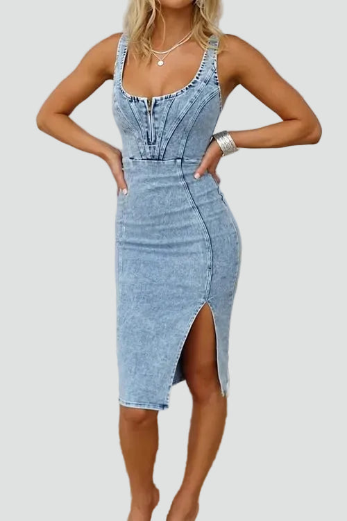 Lara | Modern Midi Denim Dress – With Corset Design and Leg Slit