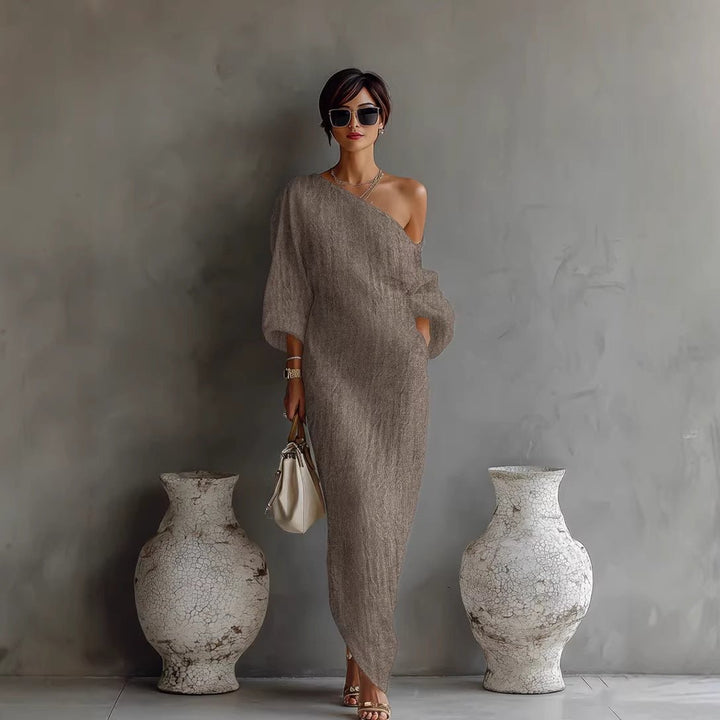 Eliana | Off-Shoulder Maxi Dress – Lantern Sleeves