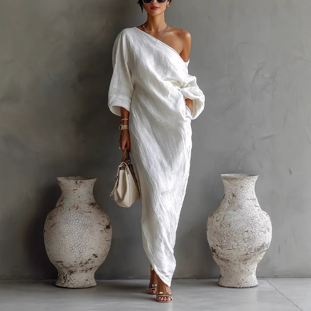 Eliana | Off-Shoulder Maxi Dress – Lantern Sleeves
