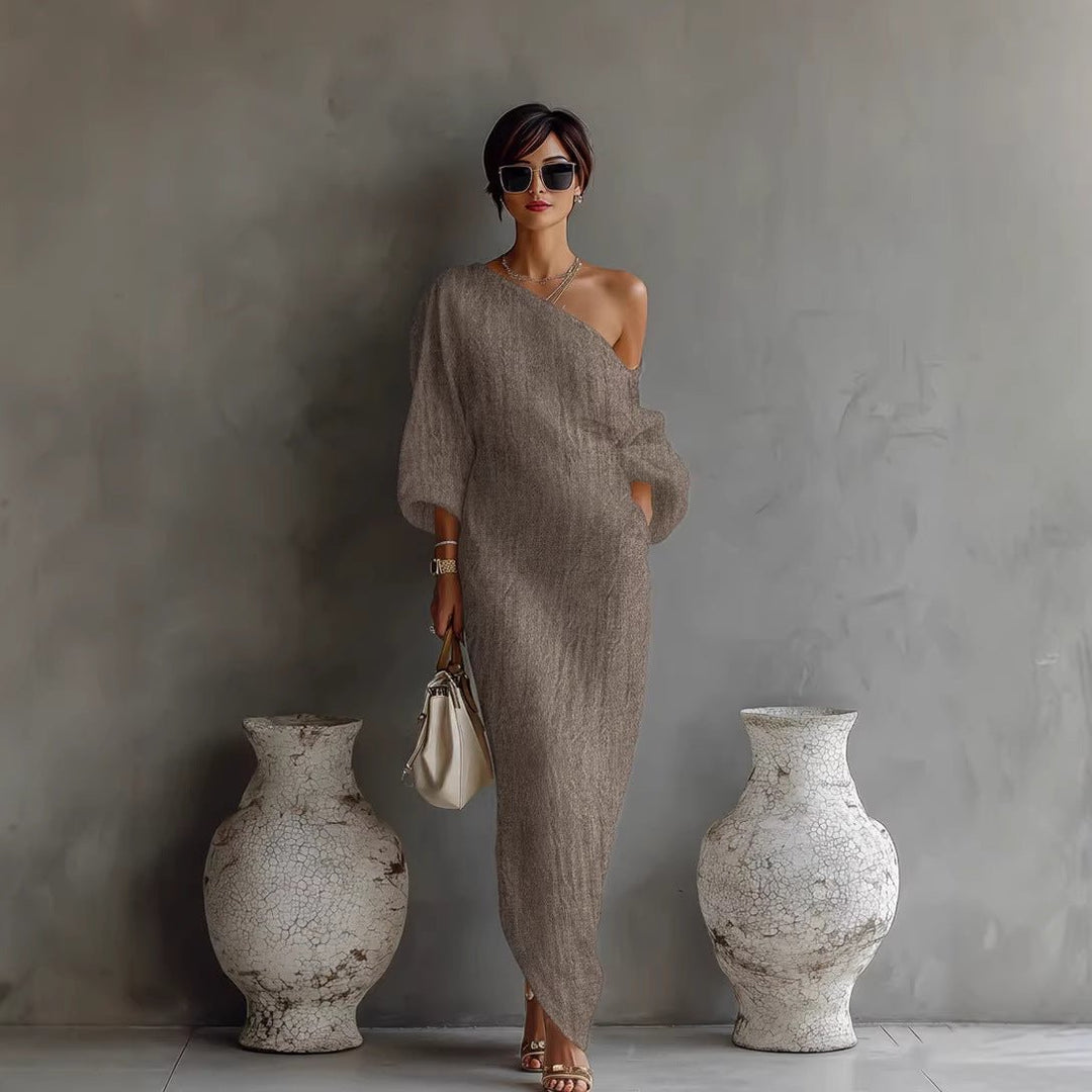 Eliana | Off-Shoulder Maxi Dress – Lantern Sleeves