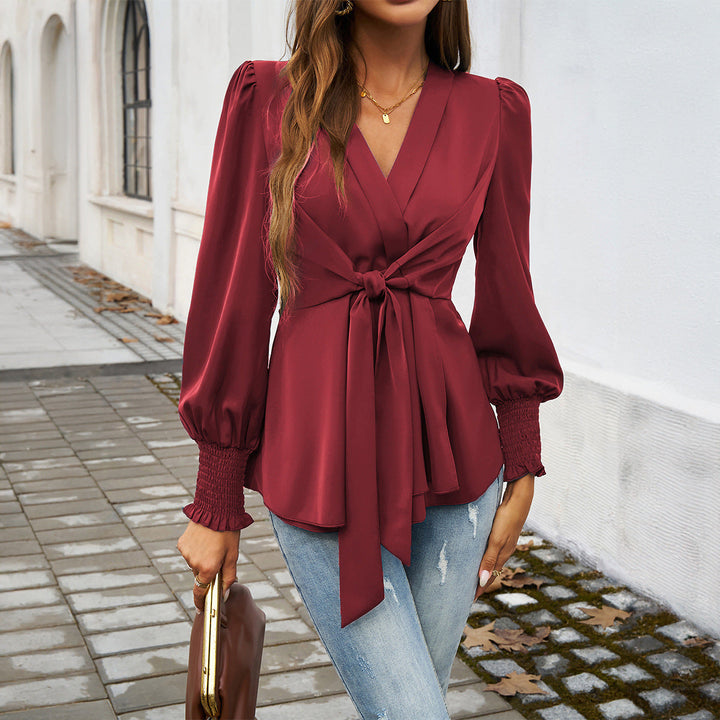 Chloe | Romantic Modern Puff Sleeve Blouse – With V-Neck and Tie Waist
