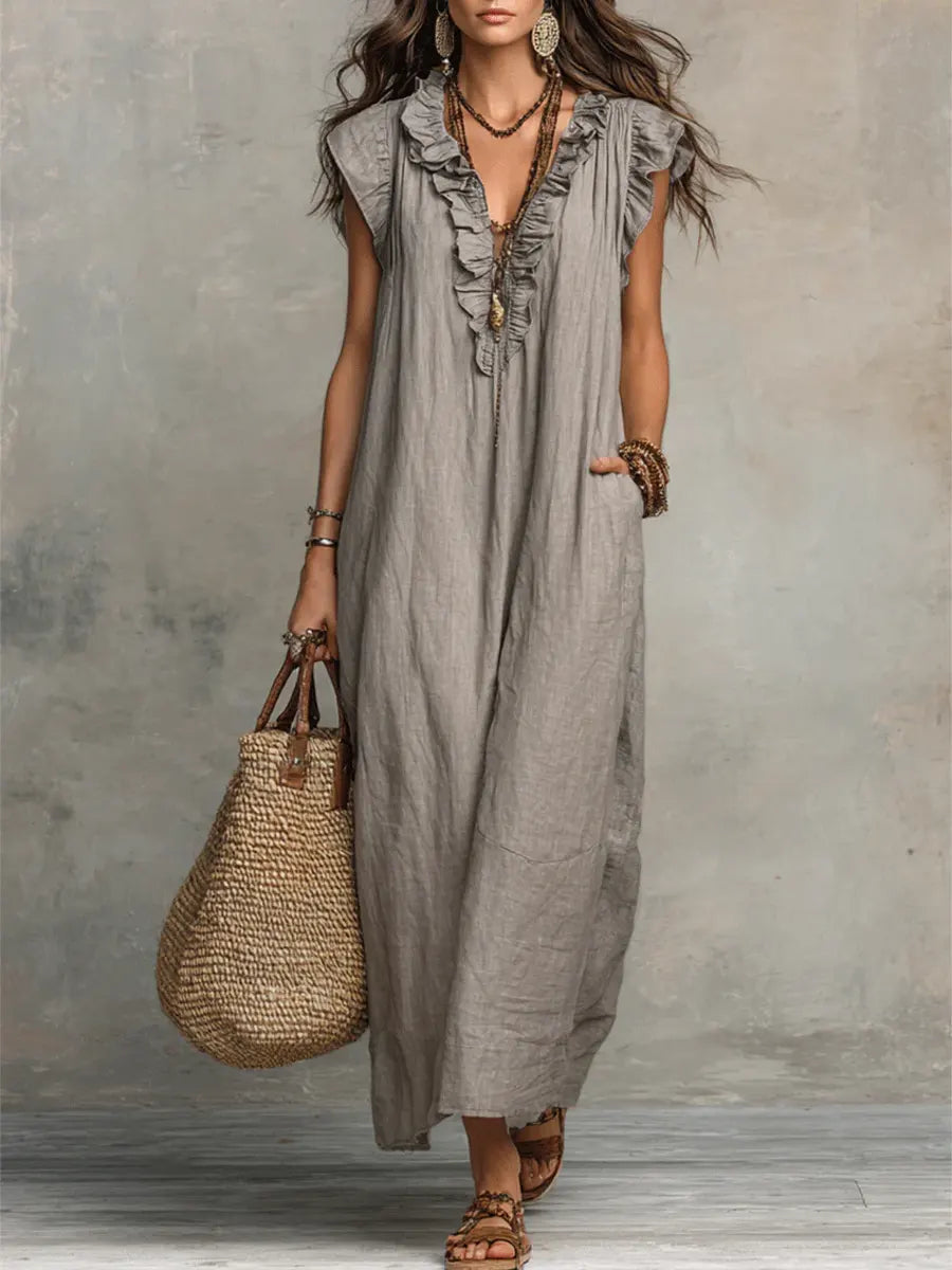 Camille | Romantic Linen-Look Maxi Dress – Ruffle Collar with Pockets