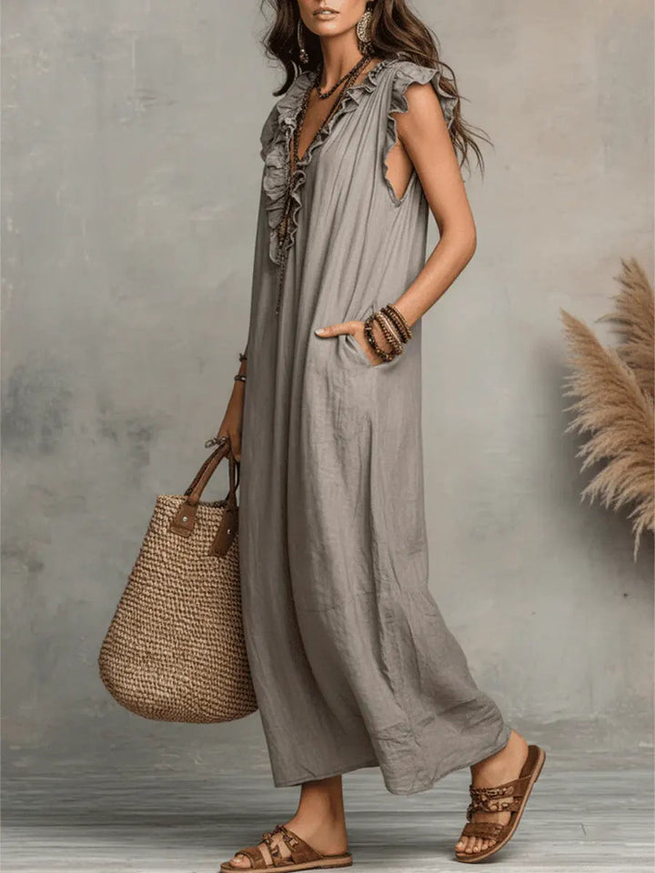 Camille | Romantic Linen-Look Maxi Dress – Ruffle Collar with Pockets