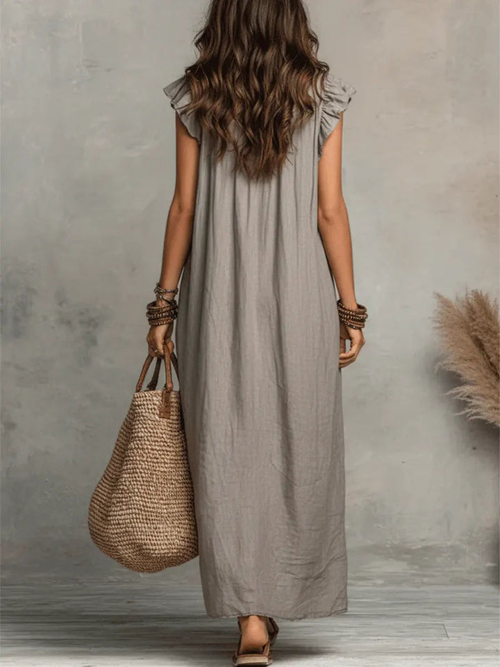 Camille | Romantic Linen-Look Maxi Dress – Ruffle Collar with Pockets