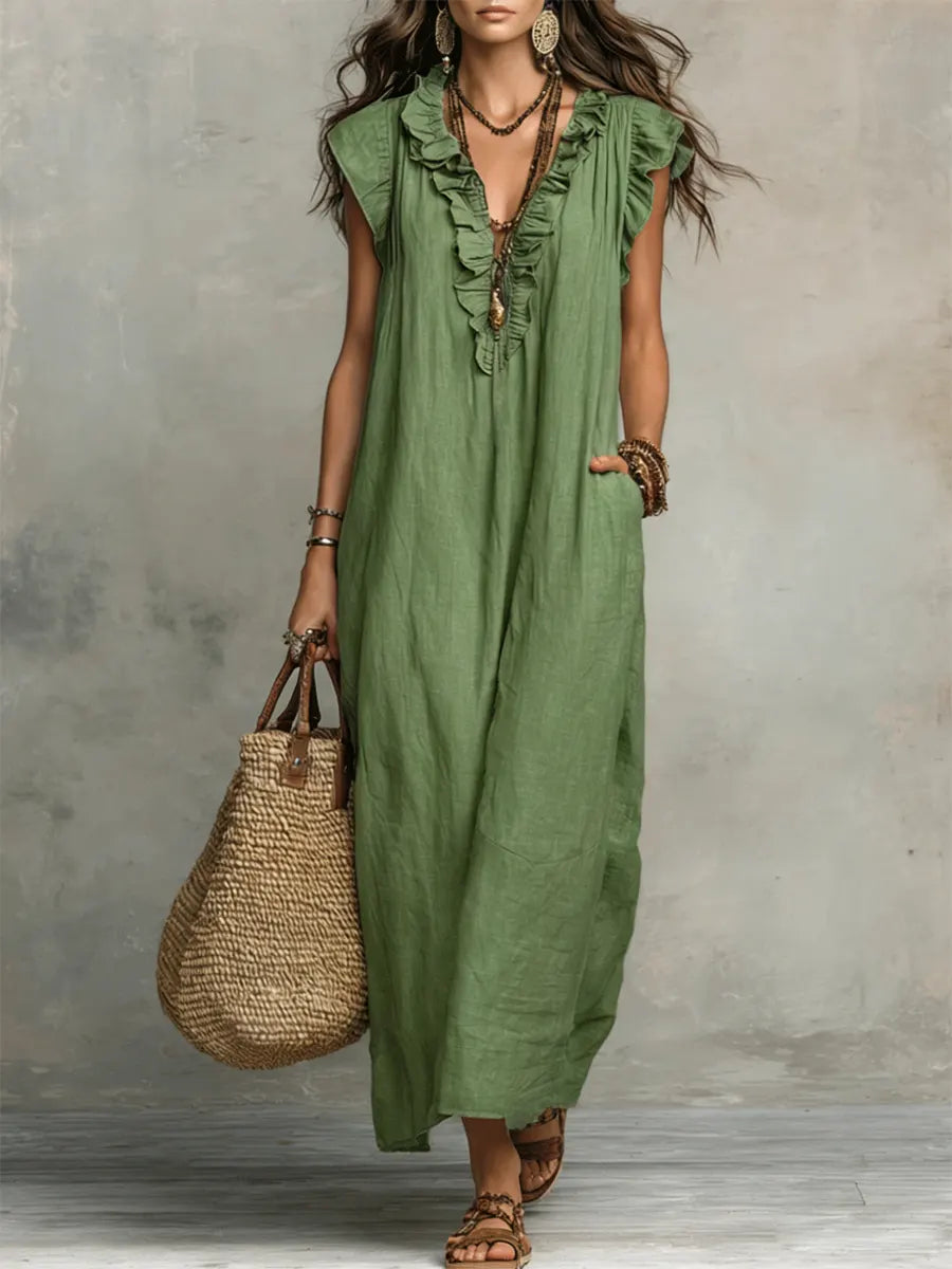 Camille | Romantic Linen-Look Maxi Dress – Ruffle Collar with Pockets