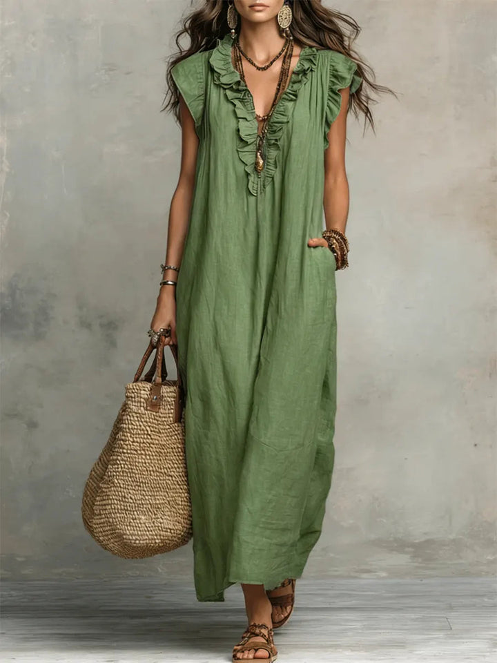 Camille | Romantic Linen-Look Maxi Dress – Ruffle Collar with Pockets
