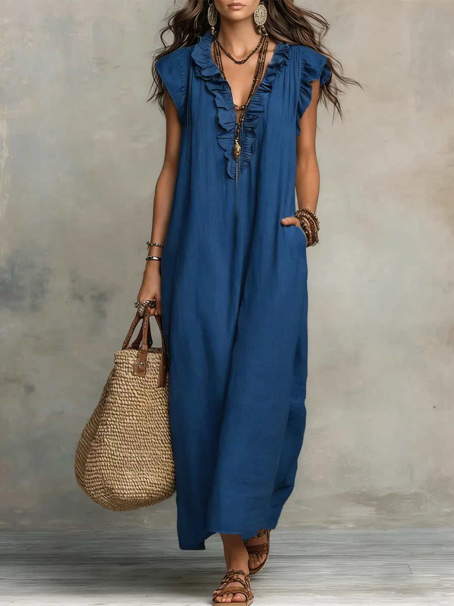 Camille | Romantic Linen-Look Maxi Dress – Ruffle Collar with Pockets