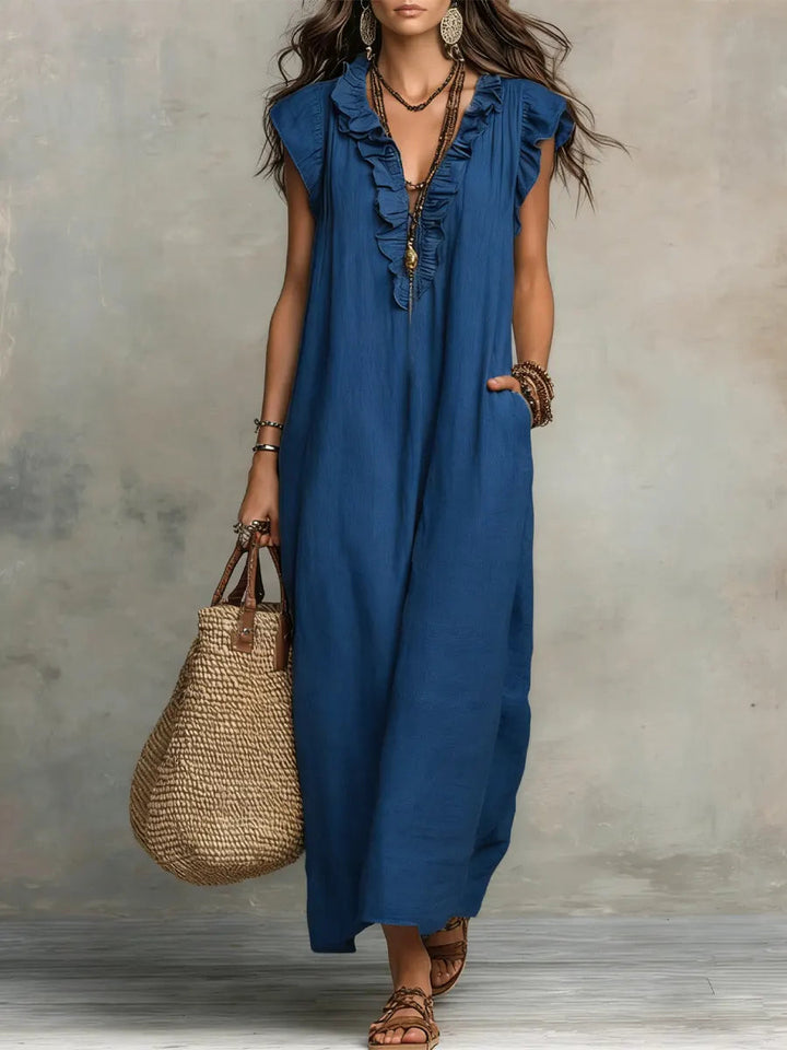 Camille | Romantic Linen-Look Maxi Dress – Ruffle Collar with Pockets