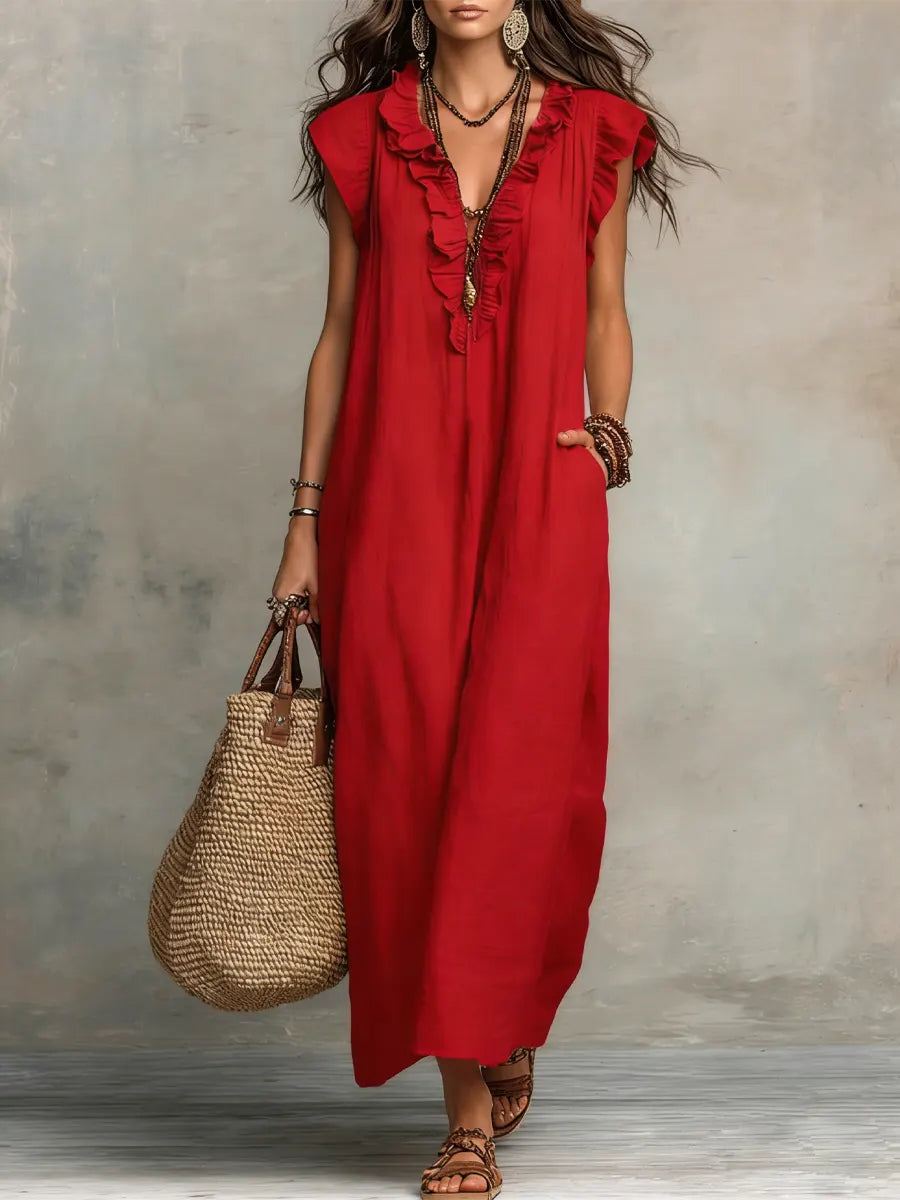 Camille | Romantic Linen-Look Maxi Dress – Ruffle Collar with Pockets