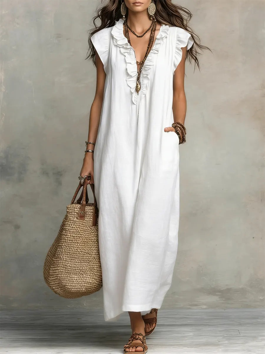 Camille | Romantic Linen-Look Maxi Dress – Ruffle Collar with Pockets