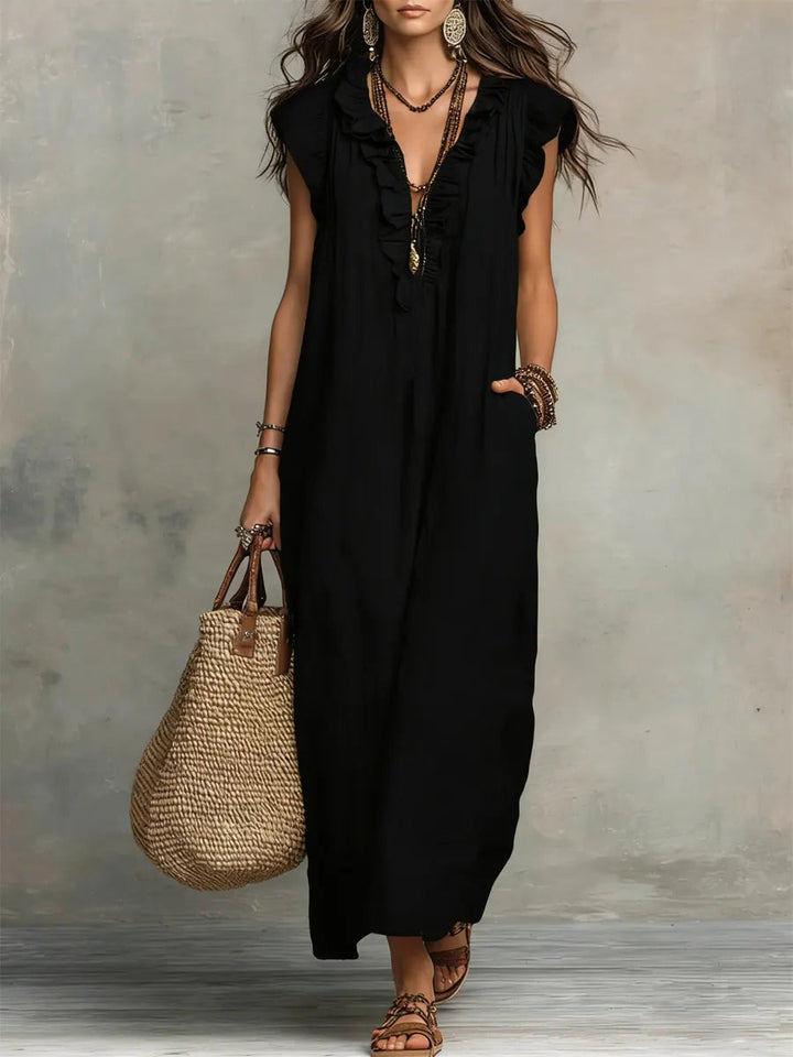 Camille | Romantic Linen-Look Maxi Dress – Ruffle Collar with Pockets