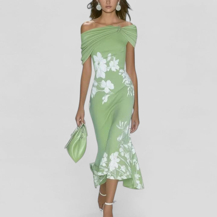 Elara | Satin Midi Dress – Off-Shoulder, Slim Fit, Draped Bodice