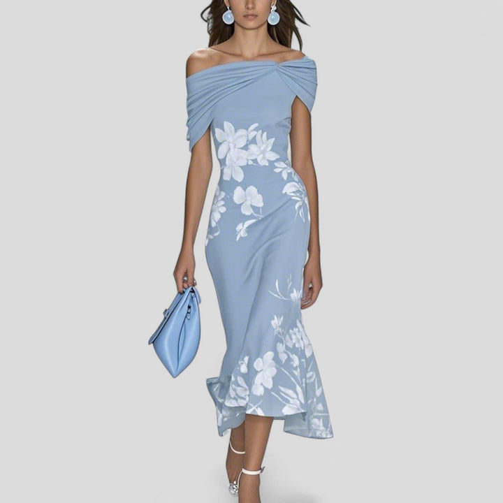 Elara | Satin Midi Dress – Off-Shoulder, Slim Fit, Draped Bodice