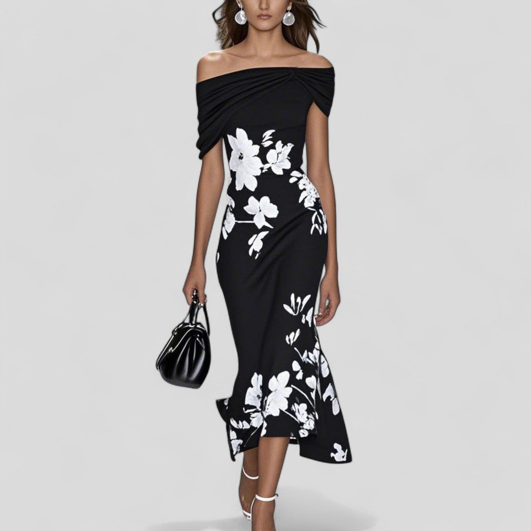 Elara | Satin Midi Dress – Off-Shoulder, Slim Fit, Draped Bodice