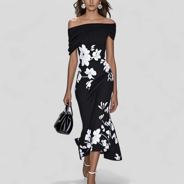 Elara | Satin Midi Dress – Off-Shoulder, Slim Fit, Draped Bodice