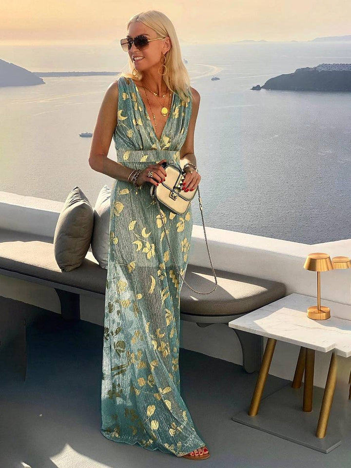Faye | Sequin Maxi Dress – Glossy V-Neck Sleeveless Evening Beach