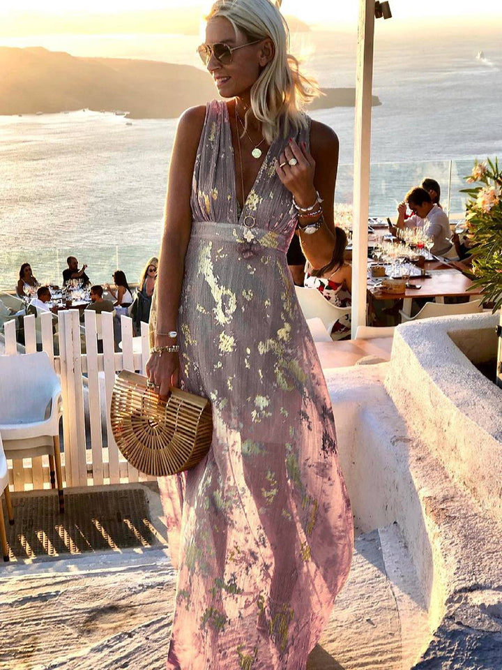 Faye | Sequin Maxi Dress – Glossy V-Neck Sleeveless Evening Beach