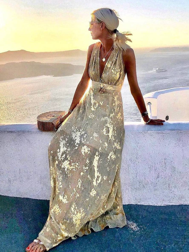 Faye | Sequin Maxi Dress – Glossy V-Neck Sleeveless Evening Beach