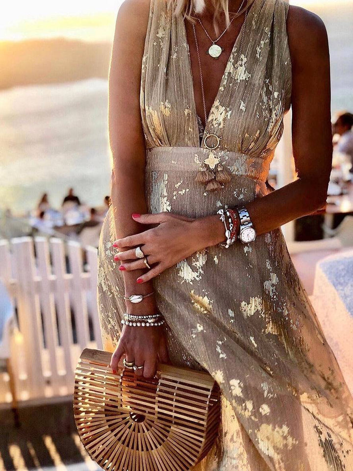 Faye | Sequin Maxi Dress – Glossy V-Neck Sleeveless Evening Beach