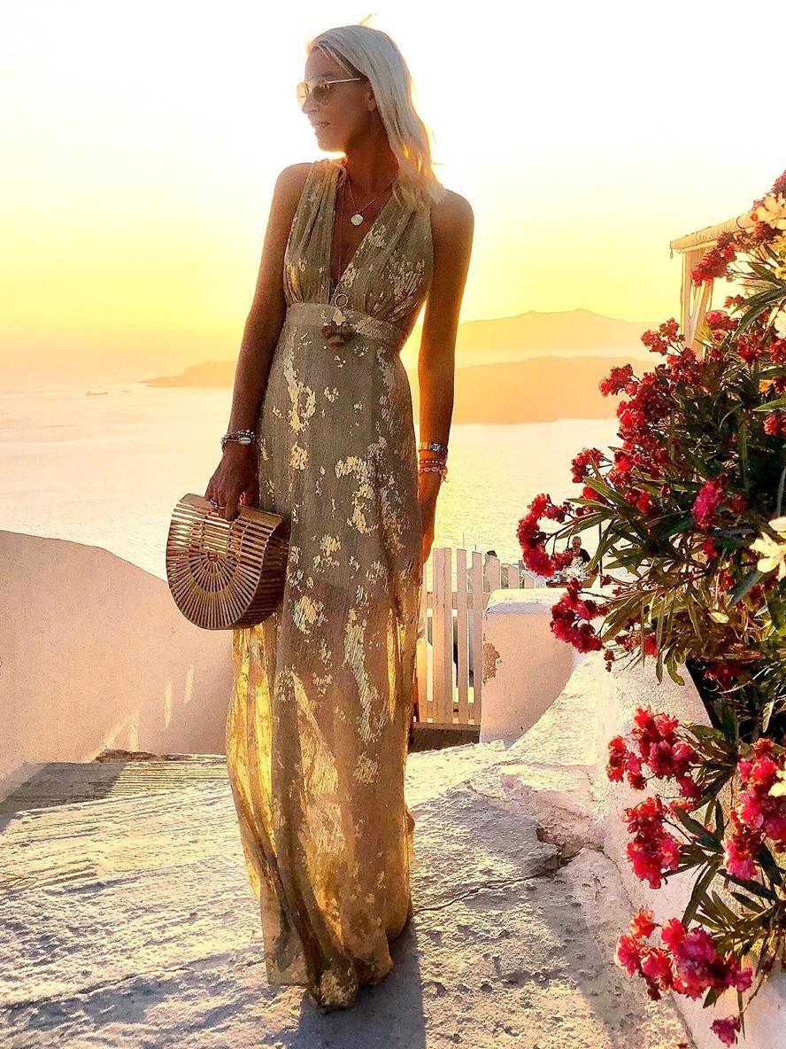 Faye | Sequin Maxi Dress – Glossy V-Neck Sleeveless Evening Beach