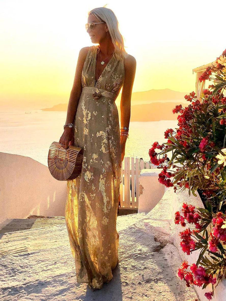 Faye | Sequin Maxi Dress – Glossy V-Neck Sleeveless Evening Beach