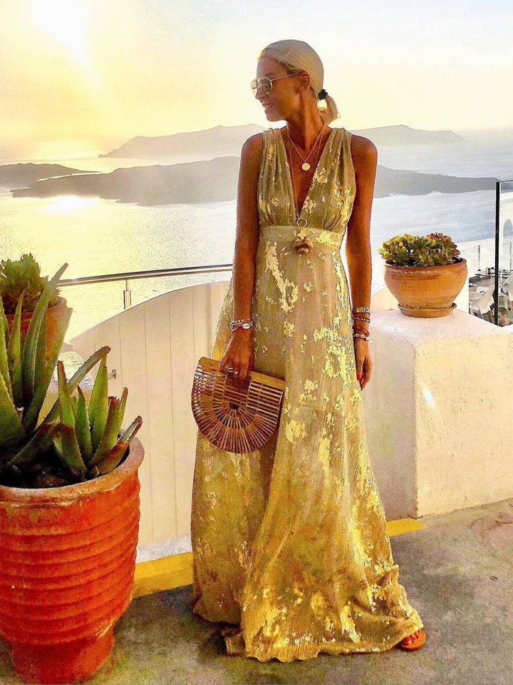 Faye | Sequin Maxi Dress – Glossy V-Neck Sleeveless Evening Beach