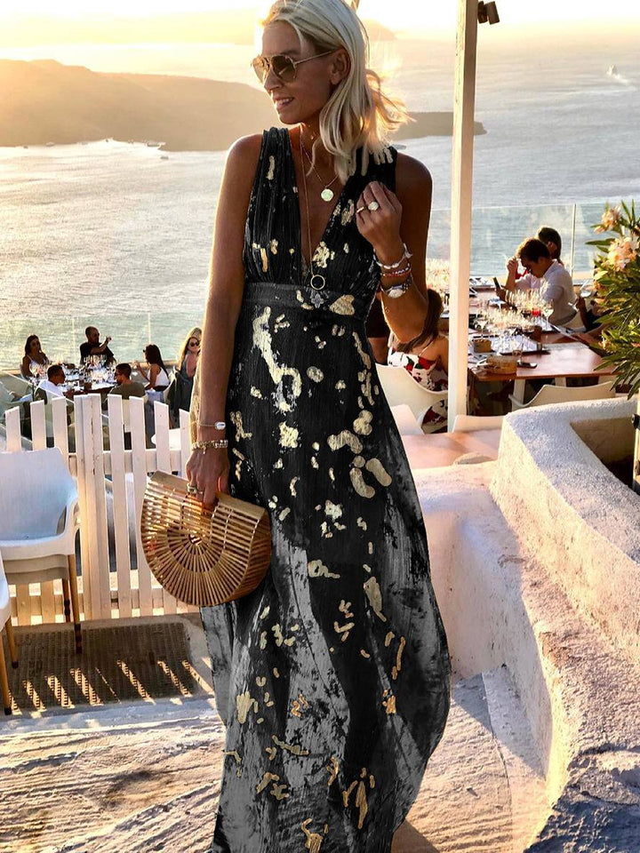 Faye | Sequin Maxi Dress – Glossy V-Neck Sleeveless Evening Beach