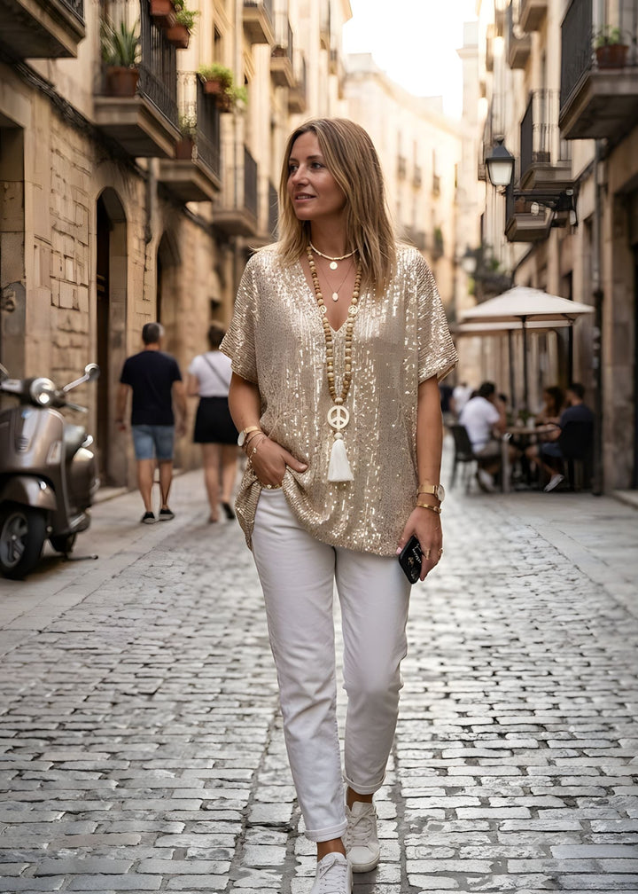 Florence | Sequin Tunic Top – V-Neck Loose Fit Short Sleeve