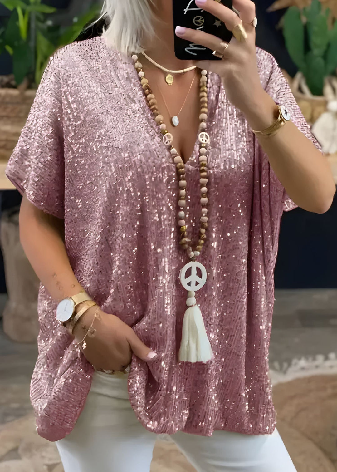 Florence | Sequin Tunic Top – V-Neck Loose Fit Short Sleeve