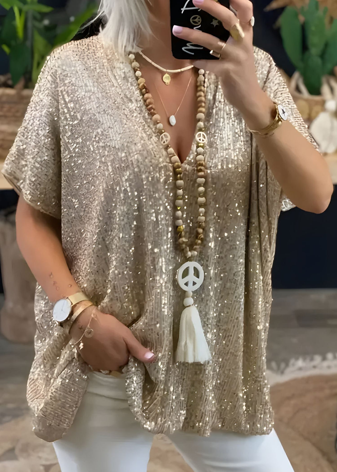 Florence | Sequin Tunic Top – V-Neck Loose Fit Short Sleeve