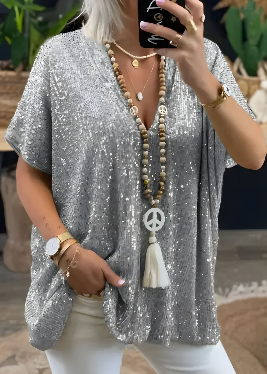 Florence | Sequin Tunic Top – V-Neck Loose Fit Short Sleeve
