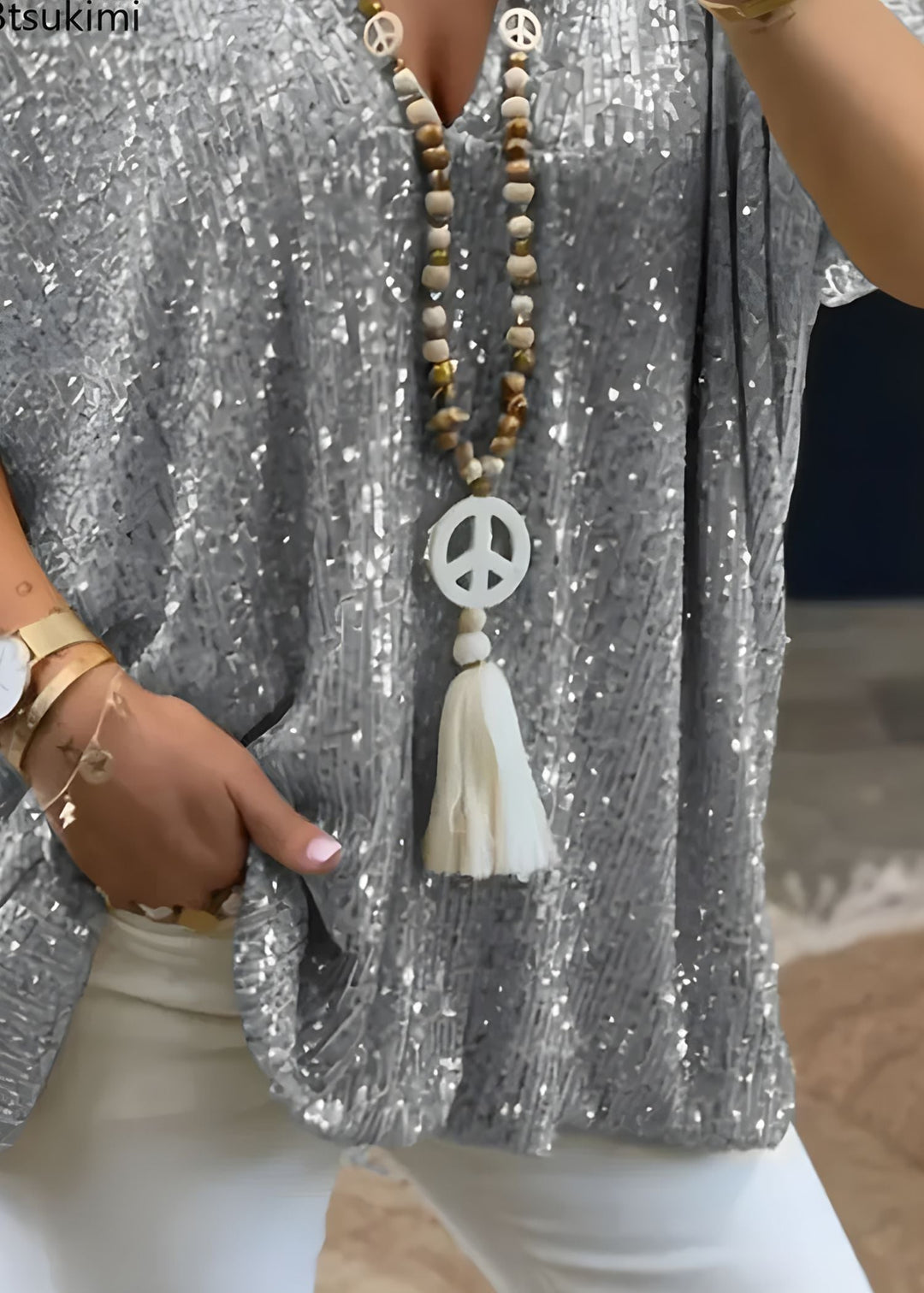 Florence | Sequin Tunic Top – V-Neck Loose Fit Short Sleeve