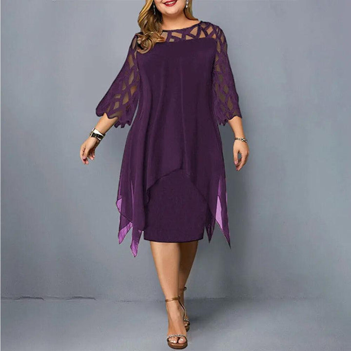 Gemma | Sheer Lace Midi Dress – Geometric Yoke Asymmetrical Hem