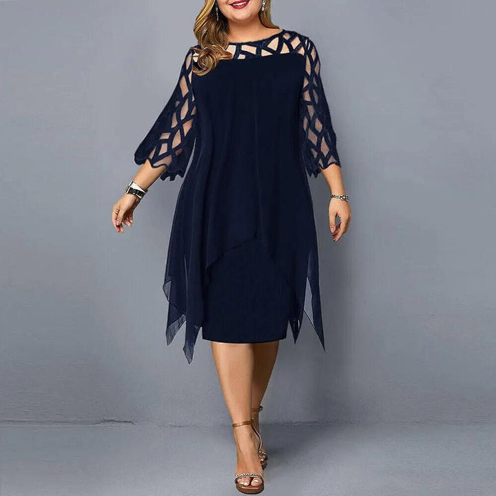 Gemma | Sheer Lace Midi Dress – Geometric Yoke Asymmetrical Hem