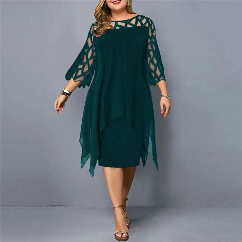 Gemma | Sheer Lace Midi Dress – Geometric Yoke Asymmetrical Hem