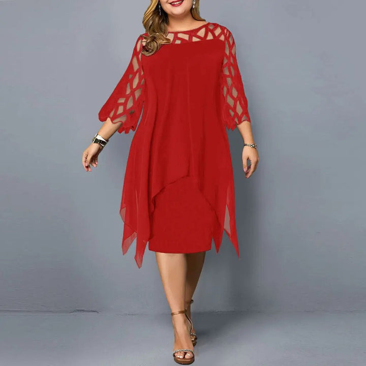 Gemma | Sheer Lace Midi Dress – Geometric Yoke Asymmetrical Hem