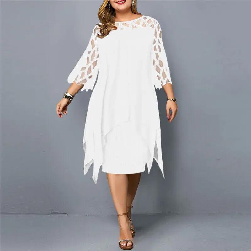 Gemma | Sheer Lace Midi Dress – Geometric Yoke Asymmetrical Hem