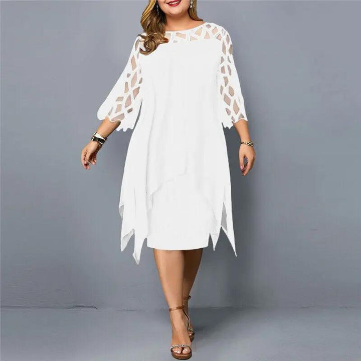 Gemma | Sheer Lace Midi Dress – Geometric Yoke Asymmetrical Hem