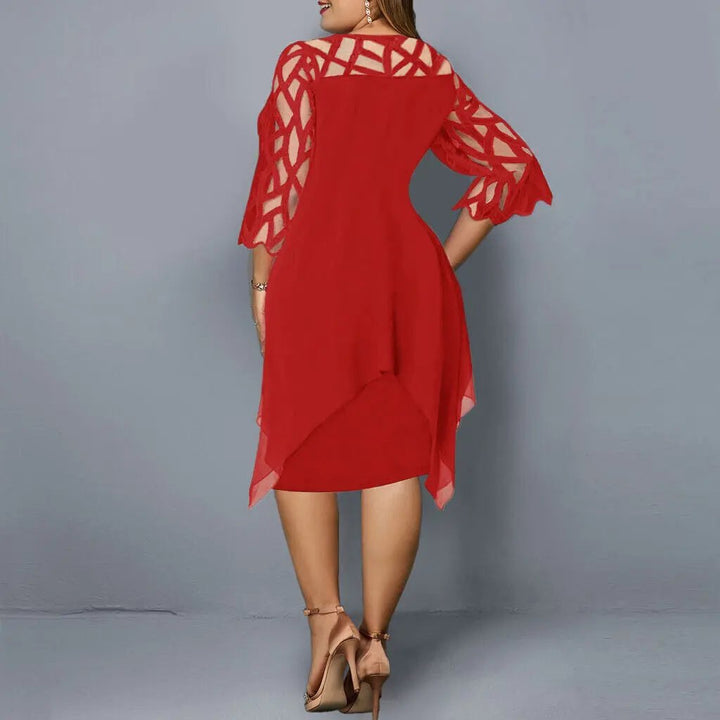 Gemma | Sheer Lace Midi Dress – Geometric Yoke Asymmetrical Hem