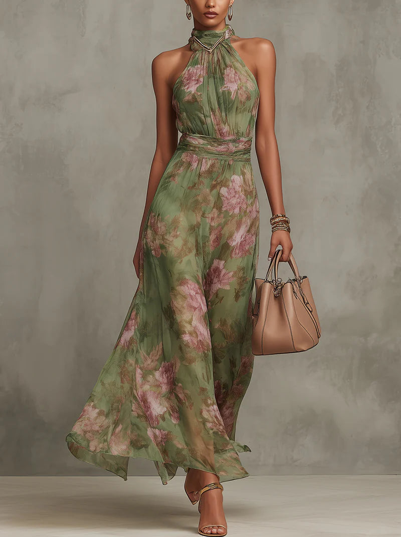 Arielle | Romantic Elegant Maxi Dress - Summery Floral with Halterneck