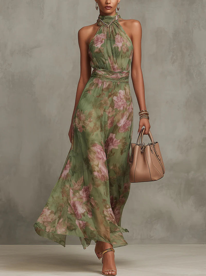 Arielle | Romantic Elegant Maxi Dress - Summery Floral with Halterneck