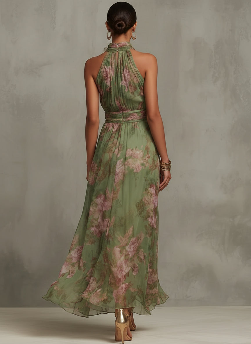 Arielle | Romantic Elegant Maxi Dress - Summery Floral with Halterneck