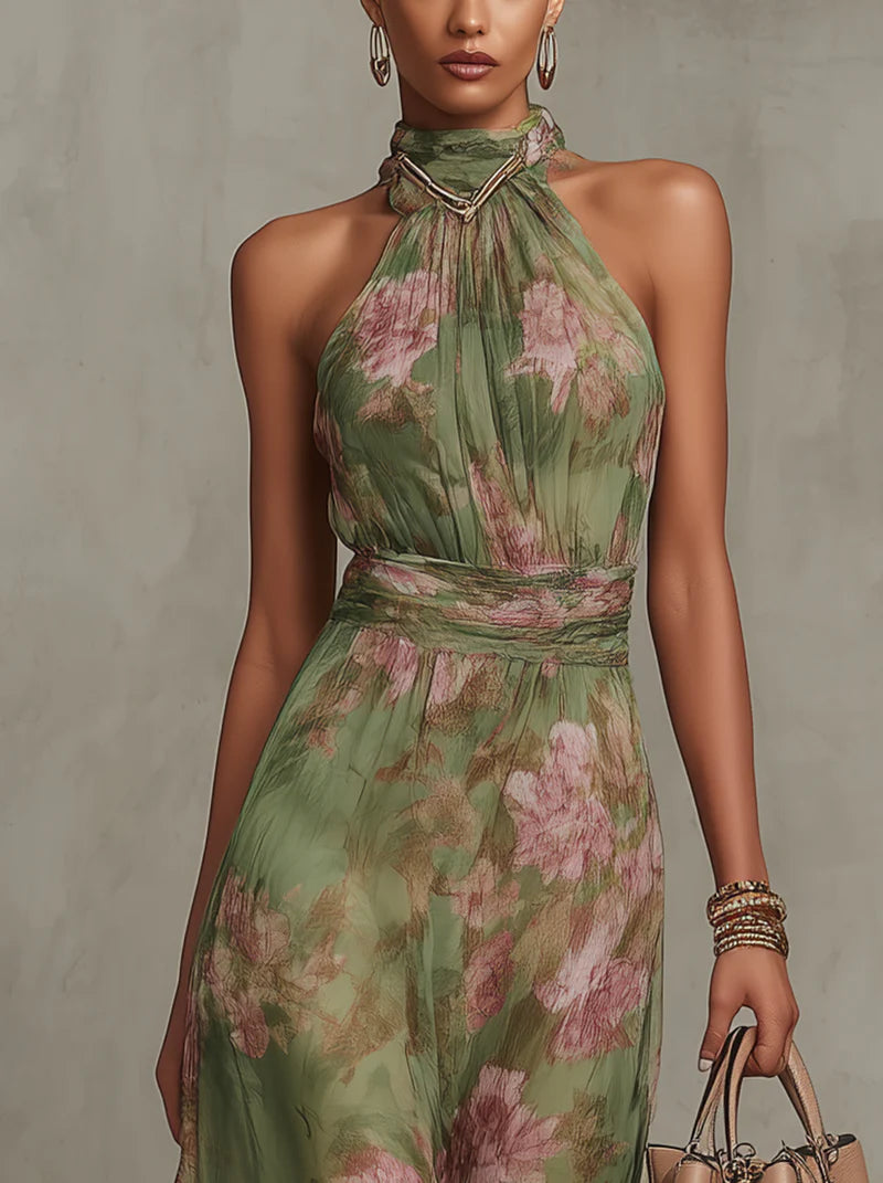 Arielle | Romantic Elegant Maxi Dress - Summery Floral with Halterneck