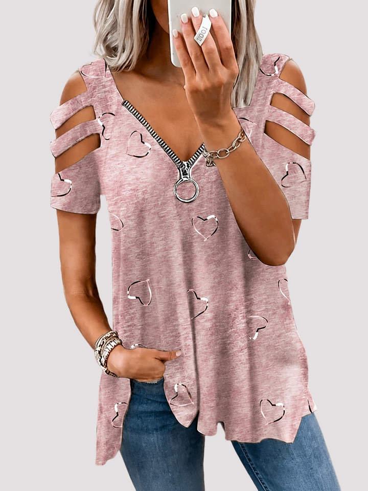 Ruby | Cut-Out Sleeve Top – Heart Print with Zipper Neckline