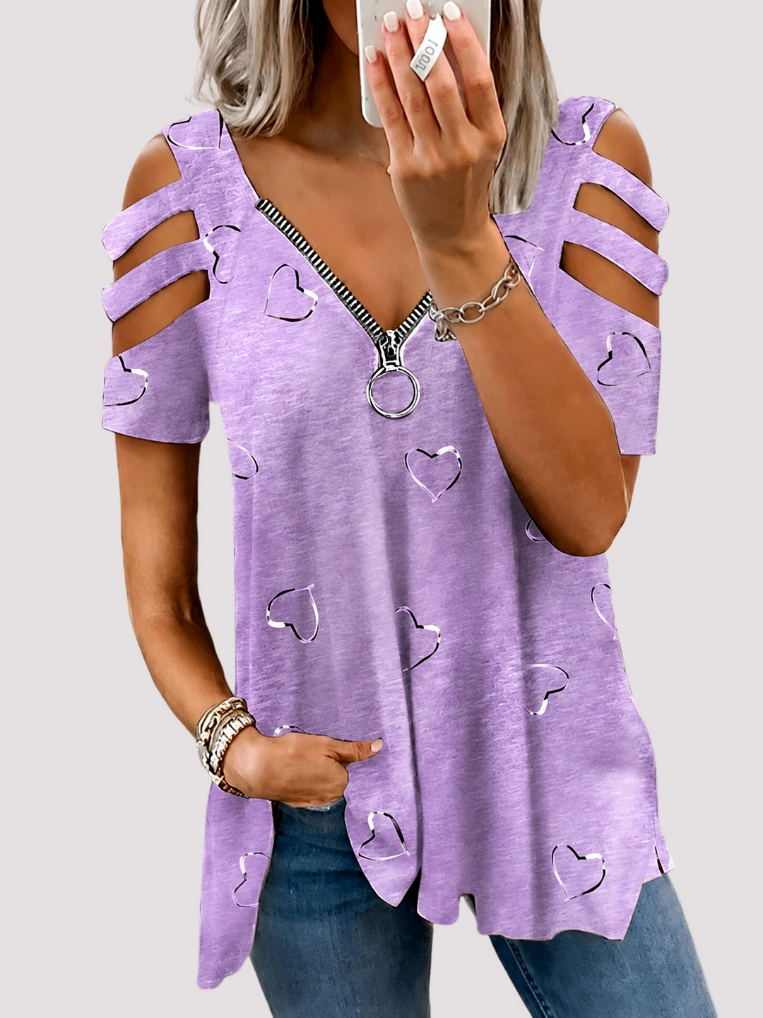 Ruby | Cut-Out Sleeve Top – Heart Print with Zipper Neckline